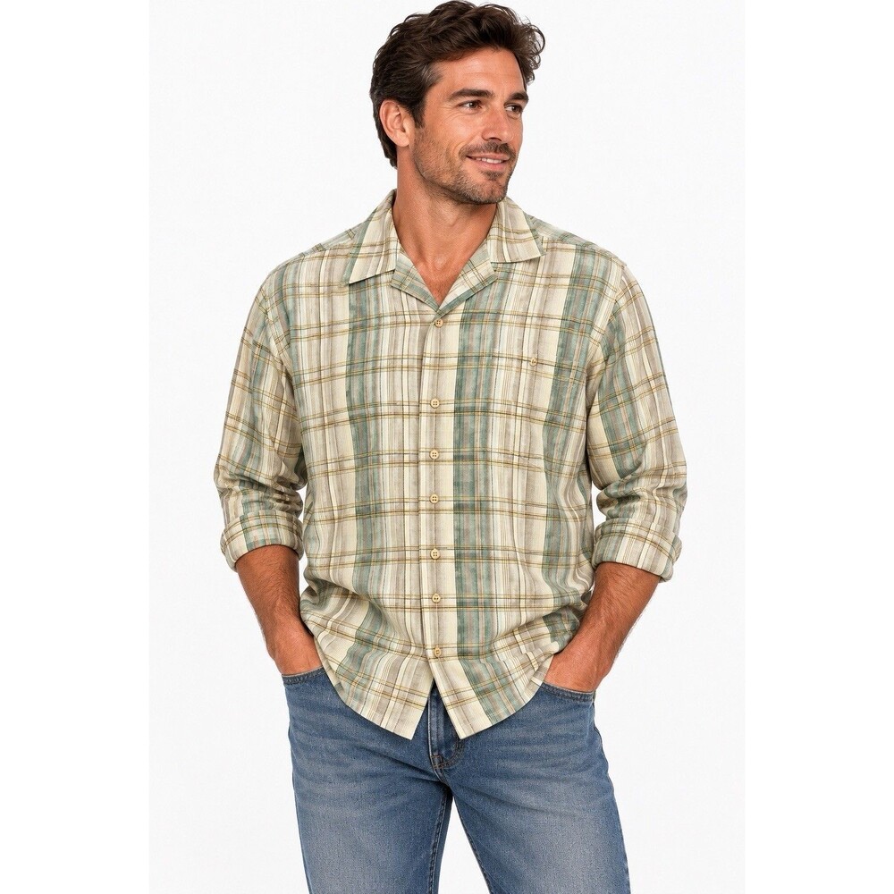 Tommy Bahama Men’s Large Plaid Long Sleeve Button Up Shirt Green Tan Tencel